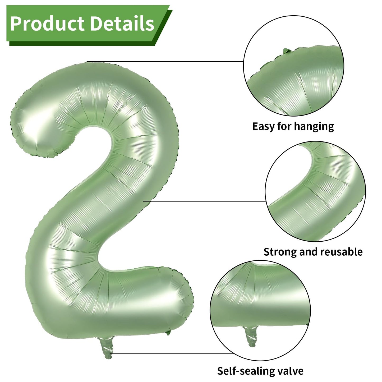 FunHot 40 Inch Sage Green Number 2 Balloon - Olive Green Foil for 2nd Birthday, Jungle Party Decorations, Rubber Material