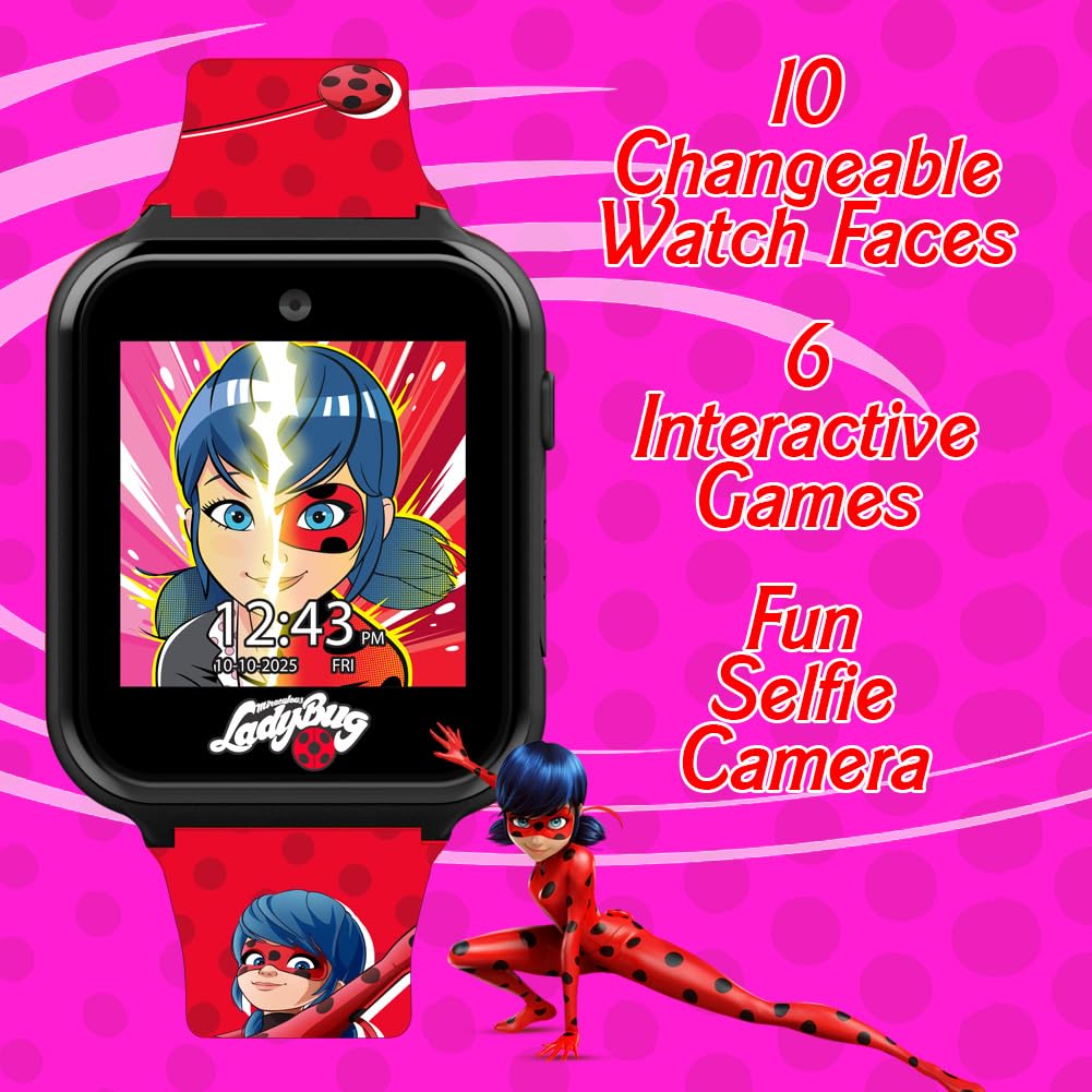 Miraculous Kids Interactive Smartwatch – Touchscreen Watch 10 Changeable Faces, Step Counter, Games, Selfie Cam, Alarm & Timer, Durable Silicone Straps – Fits Wrists 5.5'-8.0'