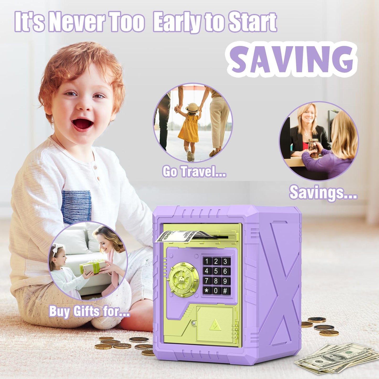 Summidate Piggy Bank for Kids Girls, ATM Piggy Bank with Password Access and Customizable Code, Electronic Saving Box with Autom