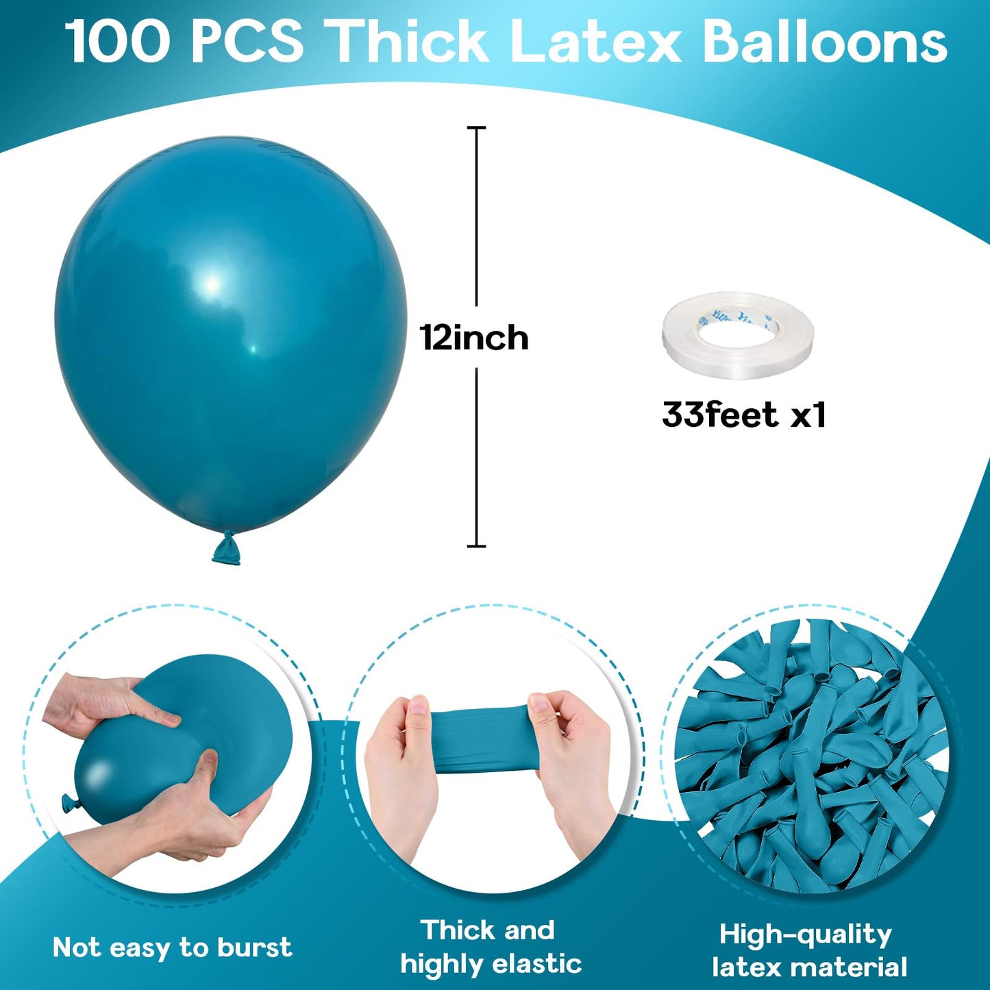 Jobkoo Peacock Blue Balloons 12 Inch, 100 Pack Turquoise Blue Balloon Teal Blue Latex Balloons Matte Dark Teal Aqua Blue Helium