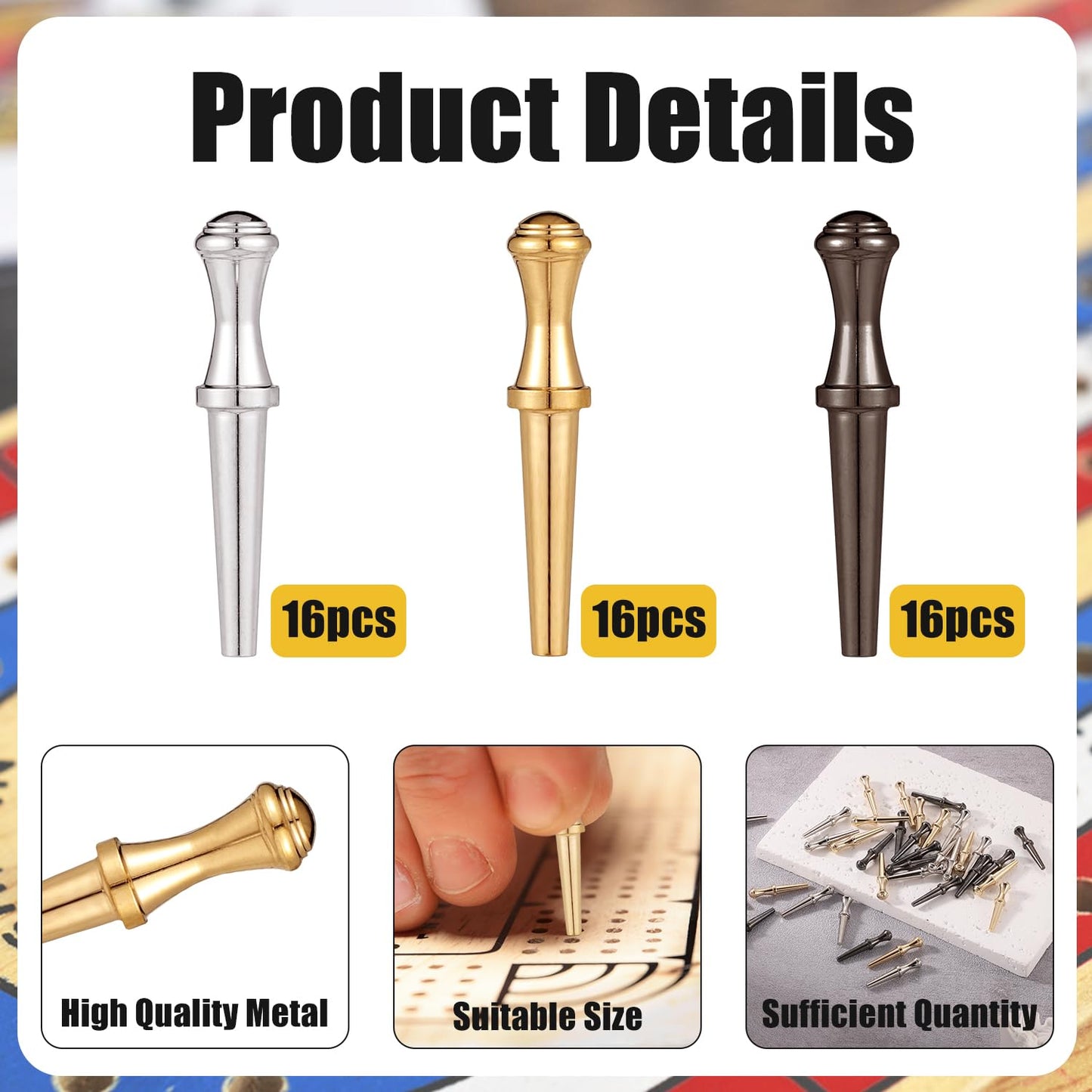 48pcs Cribbage Pegs  Versatile Unique Metal Brass Cribbage Pegs Tapered Design Beautiful Fit 1/8 Hole Peg Board Game Cribbage Board Pins Portable Cribbage Accessories for Family and Friends(3 Colors)