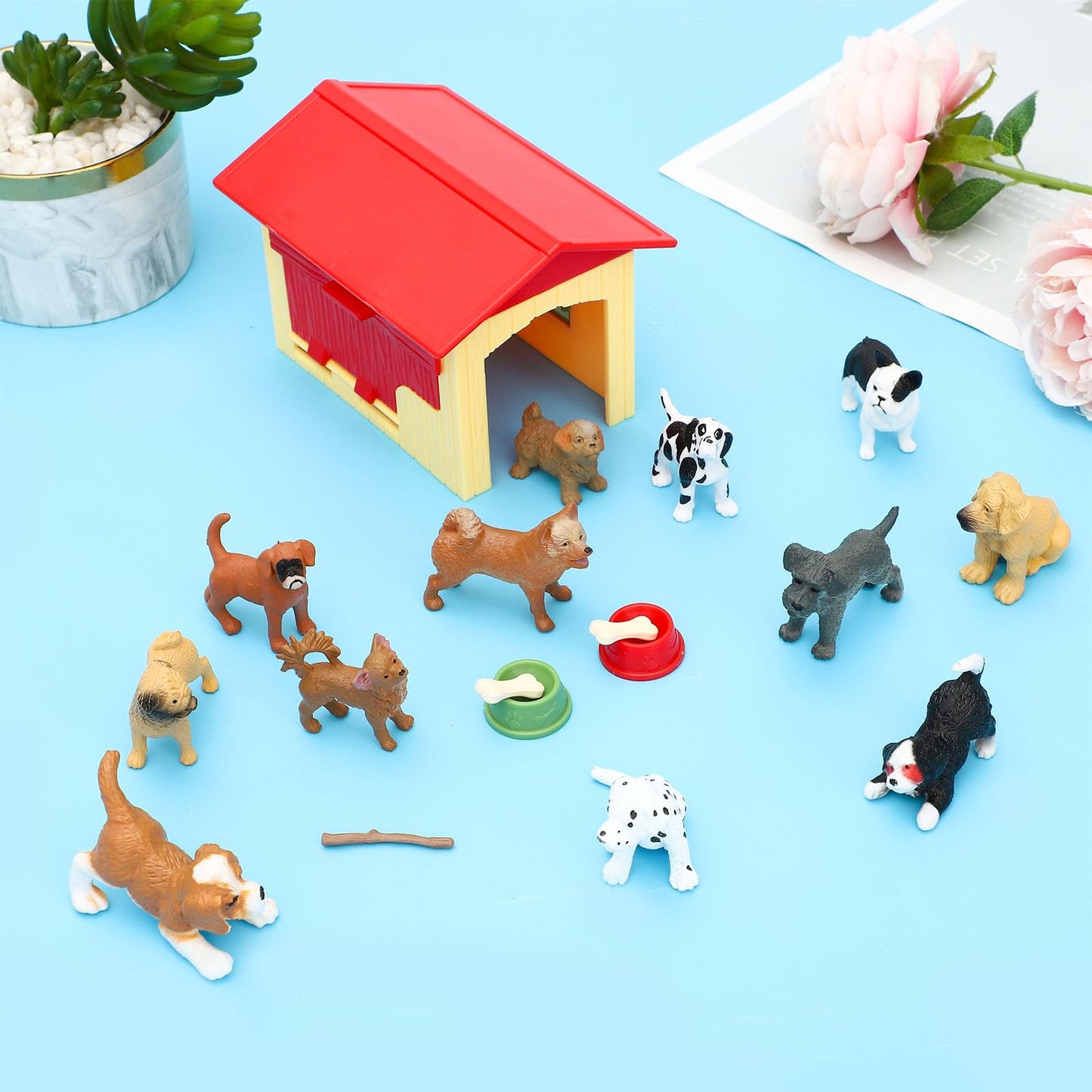 ONEST 18 Pieces Mini Dog Figurines Playset Hand Painted Tiny Dogs Realistic Detailed Plastic Puppy Figures Toys Small Dog Figuri