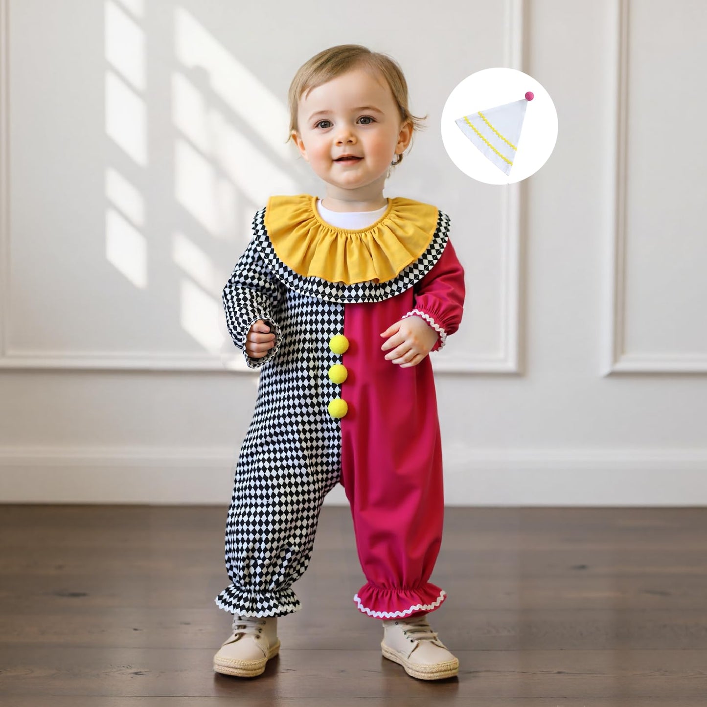 Thorn Tree Toddler Halloween Outfits Baby Boy Girl Clown Costume Contrast Color Long Sleeve Jumpsuit Hat Smocked Outfits (Black,