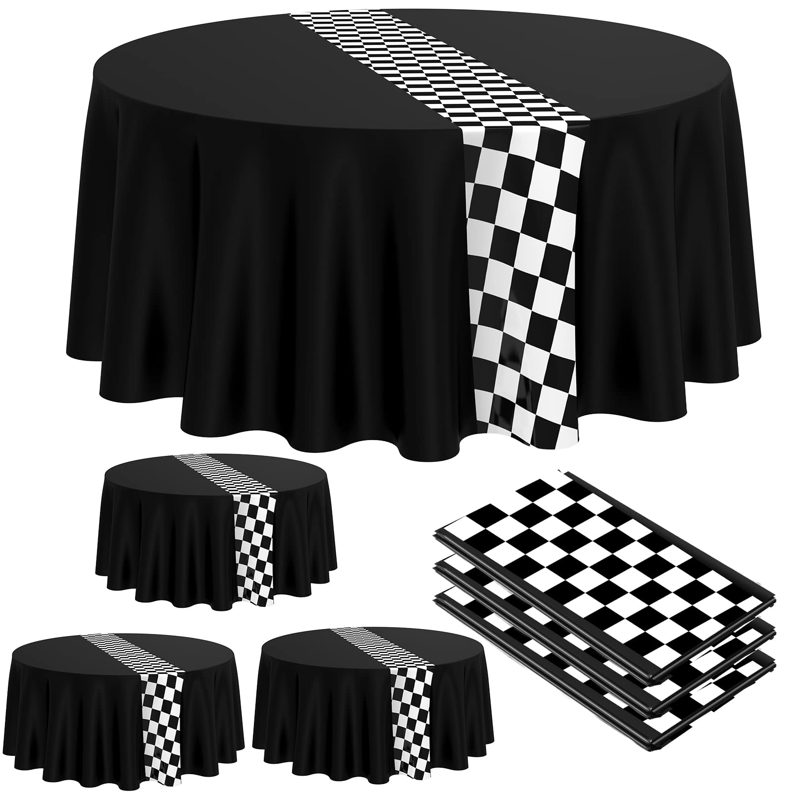 Oudain Cars Birthday Party Supplies Racing Party Decorations Round Racing Tablecloth Checkered Flag Table Covers Road Plastic Ta