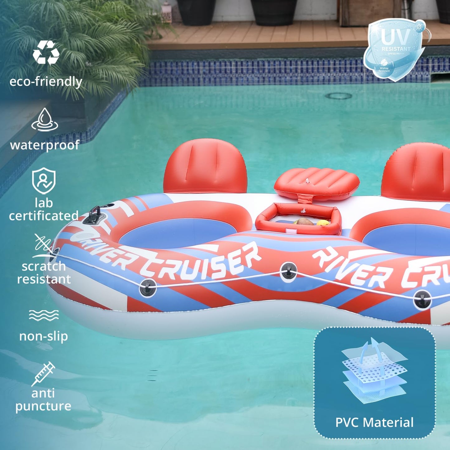 Sunrio 2025 New & Upgrade 2 Person Double River Tubes For Floating Heavy Duty Inflatable Floating Lounger Premium Water Rafts Pool Float Above Lake And River For Adults(Red)