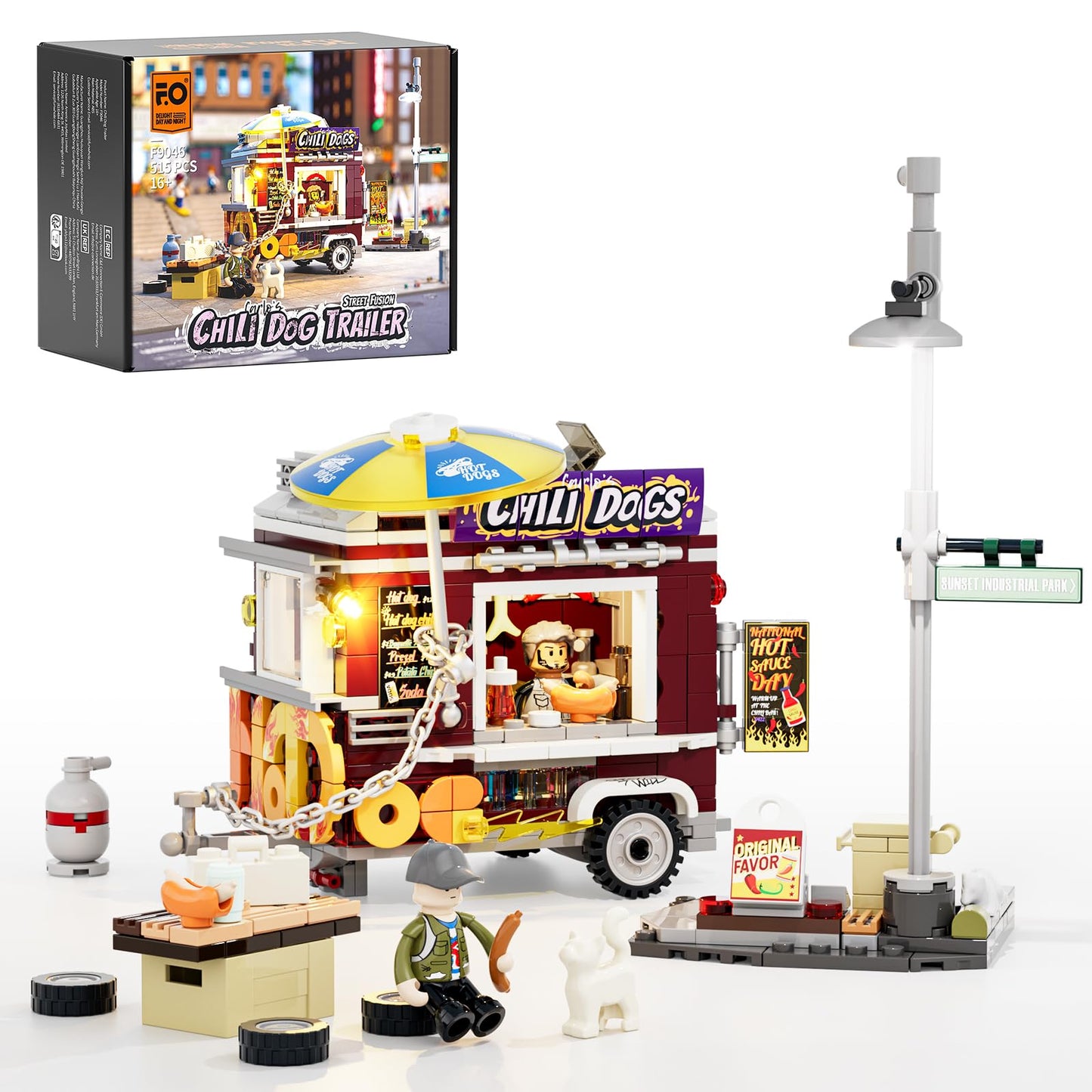 Funwhole Chili Dog Trailer Lighting Building-Bricks Set - City Food Truck Toy Playkit 515 Pcs For Adults And Kids