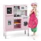 Honey Joy Pink Kids Kitchen Playset, Wooden Play Kitchen For Toddlers, Microwave, Cookware, Washing Machine, Range Hood, Blackbo