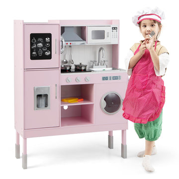 Honey Joy Pink Kids Kitchen Playset, Wooden Play Kitchen For Toddlers, Microwave, Cookware, Washing Machine, Range Hood, Blackbo