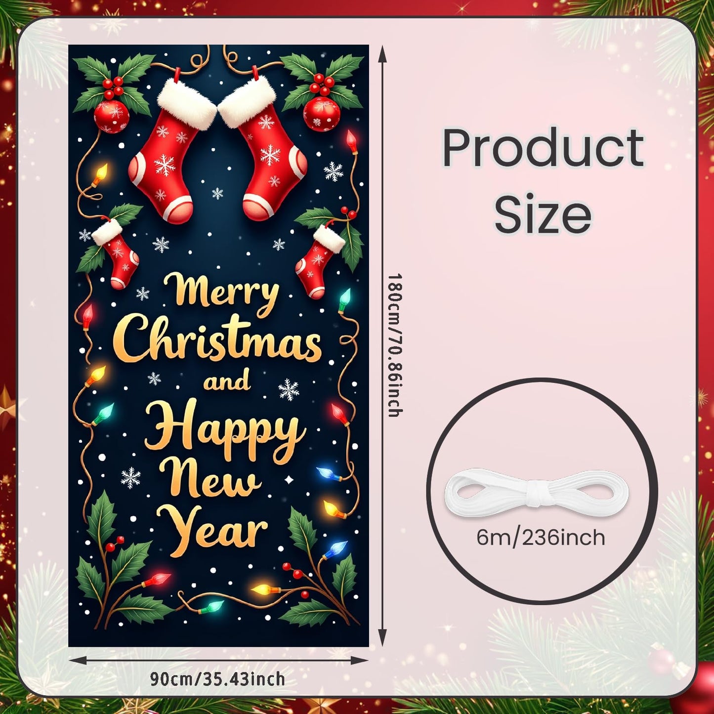 Large Christmas Door Cover Merry Christmas and Happy New Year Door Banner with Red Stockings and String Lights Party Holiday Por
