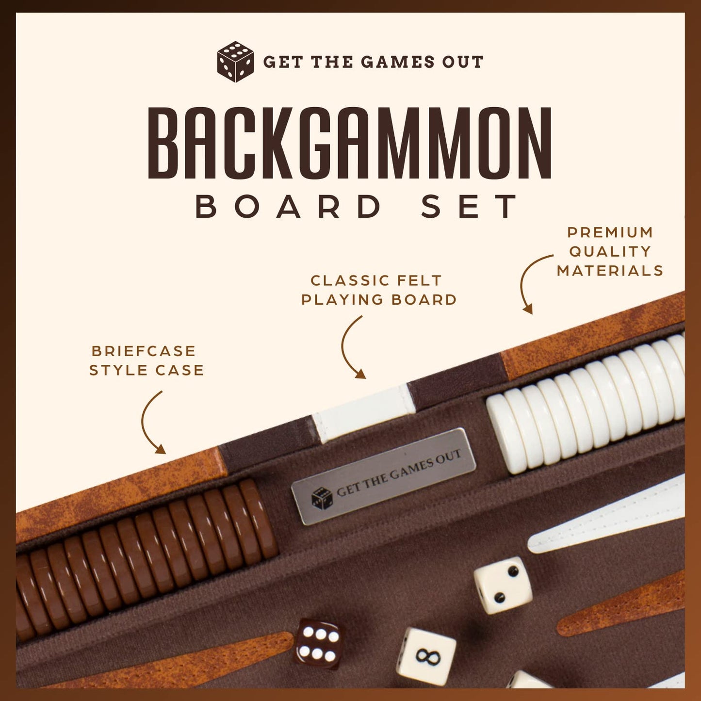 Get The Games Out Backgammon Set - Classic Board Game - Medium Size - Brown - Metal with Leatherette Accents - Model 43227-2678