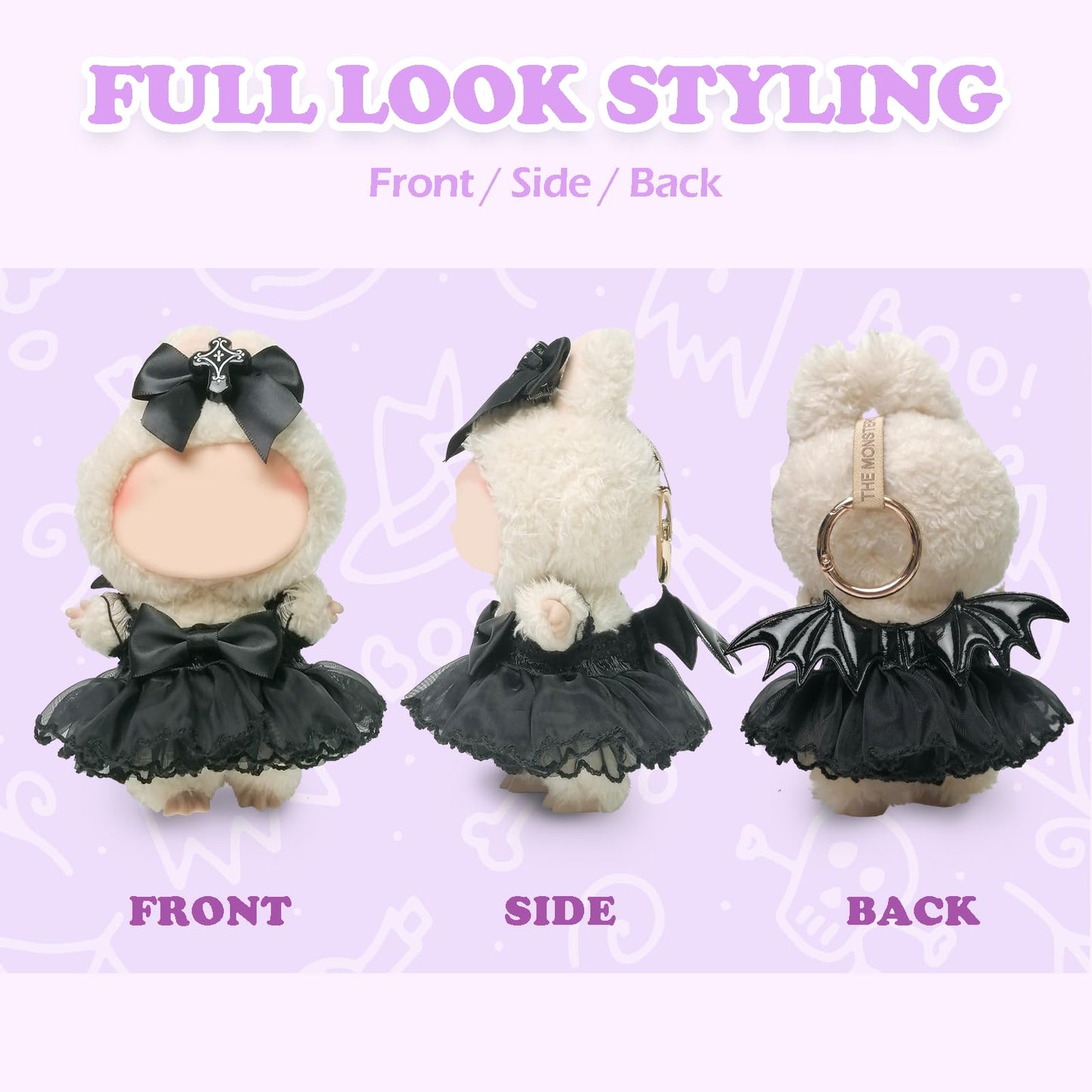 Clothes Compatible with Labubu Doll  Labubu Outfit Set - Black Lace Dress with Devil Wings+Cross Bow for Labubu Dolls  Stylish Accessories Set for 17cm Labubu Doll  No Doll(Dark Cross Enchantress)