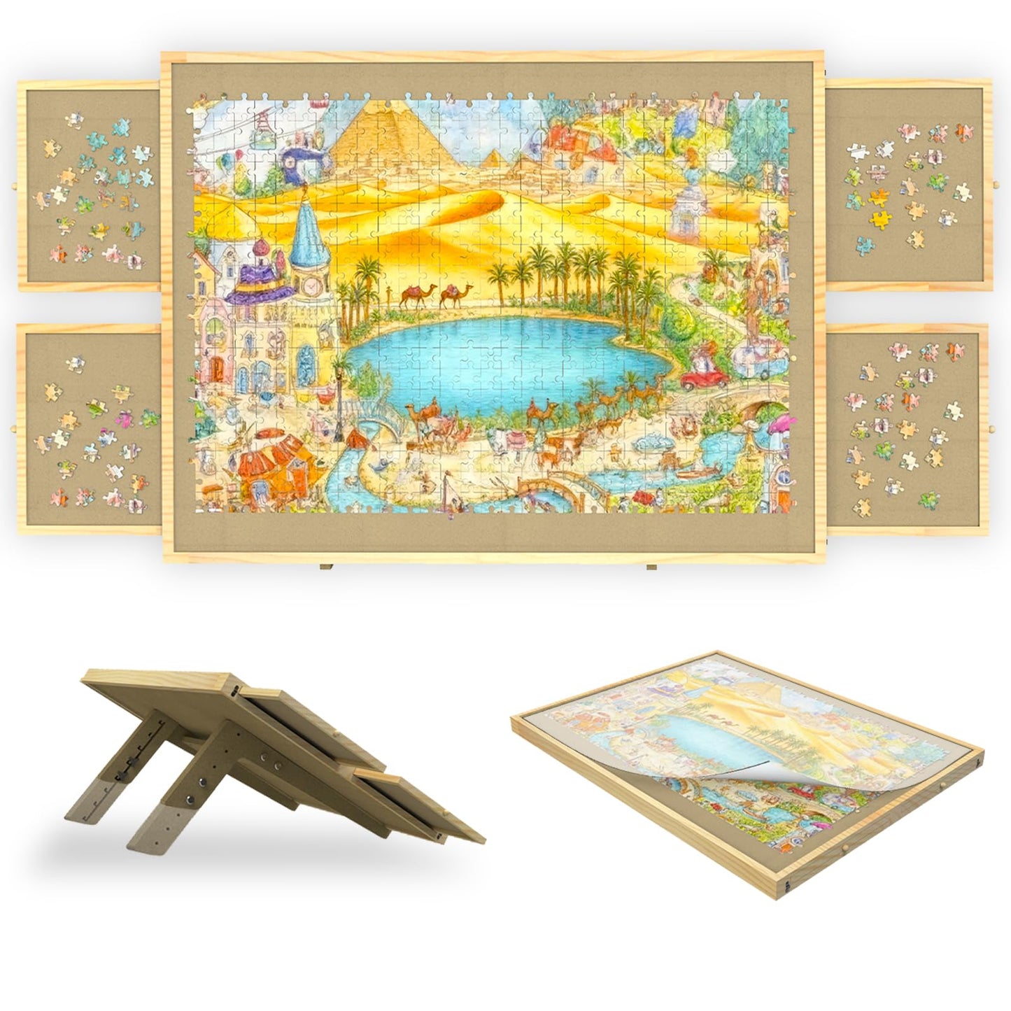 Jigsaw Puzzle Board with Drawers and Cover, Tilting Puzzle Board 1500 Pieces with 5 Adjustable Angles, Portable Puzzle Board for