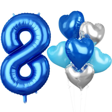 Biapian 40 Inch Blue Number 8 Balloons, Blue Large 8Th Birthday Balloons With 18'' Foil Blue Silver Heart Balloon Helium For 8Th