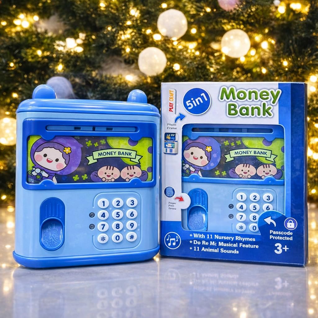 YUIOP  5in1 Kids Money Bank  with Passcode & Fingerprint Sensor, Photo Frame, 11 Nursery Rhymes, Musical DoReMi & Animal S