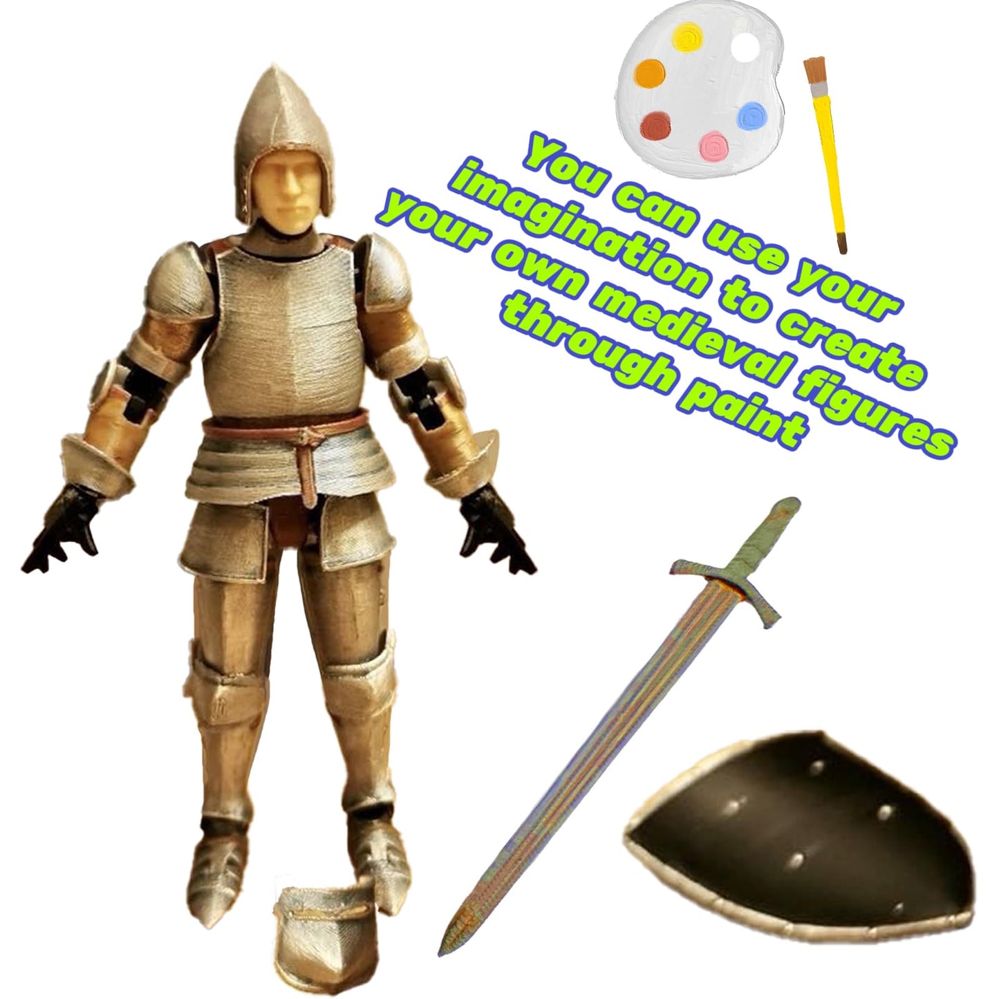 enttgo Fine 3D Printed 8.95-inch Medieval Knight T13 Figure, Full Body Mechanical Movable Toy, Metallic Silver Craft Toy, Table