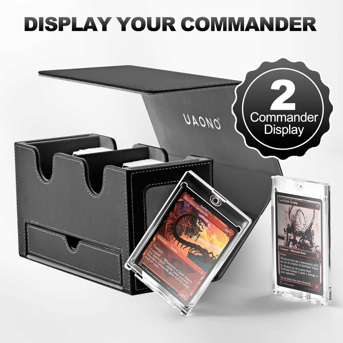 Uaono Card Deck Box For Mtg, Double Card Storage Box With 2 Commander Display & 1 Dice Tray, Fits 200+ Double Sleeved Cards, Card Organizer For Ccg Tcg Sports Cards (Black Gray)