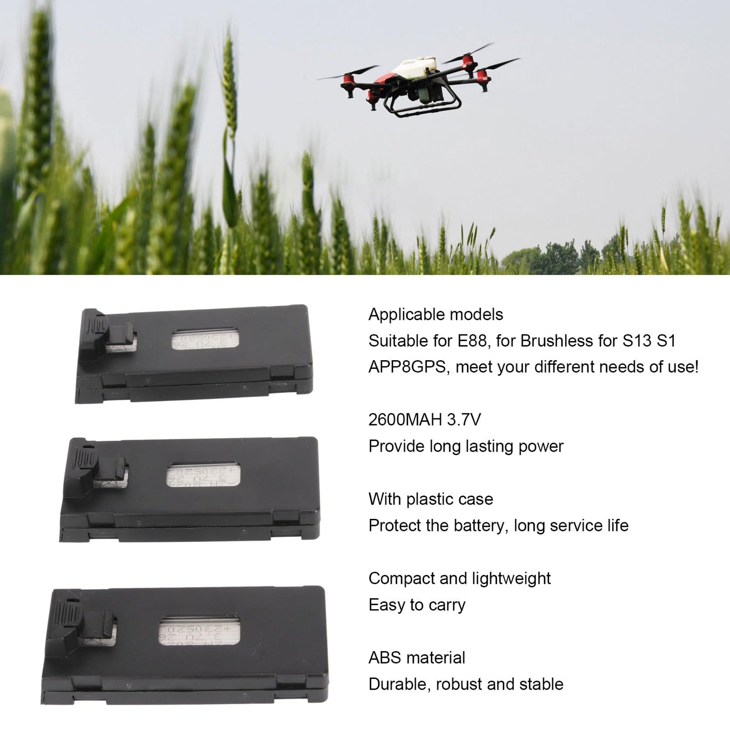 3PCS Drone Battery 2600MAH 3.7V, Drone Battery Long Life Rechargeable, Replacement Lithium Battery for Quadcopter E88, for Brush