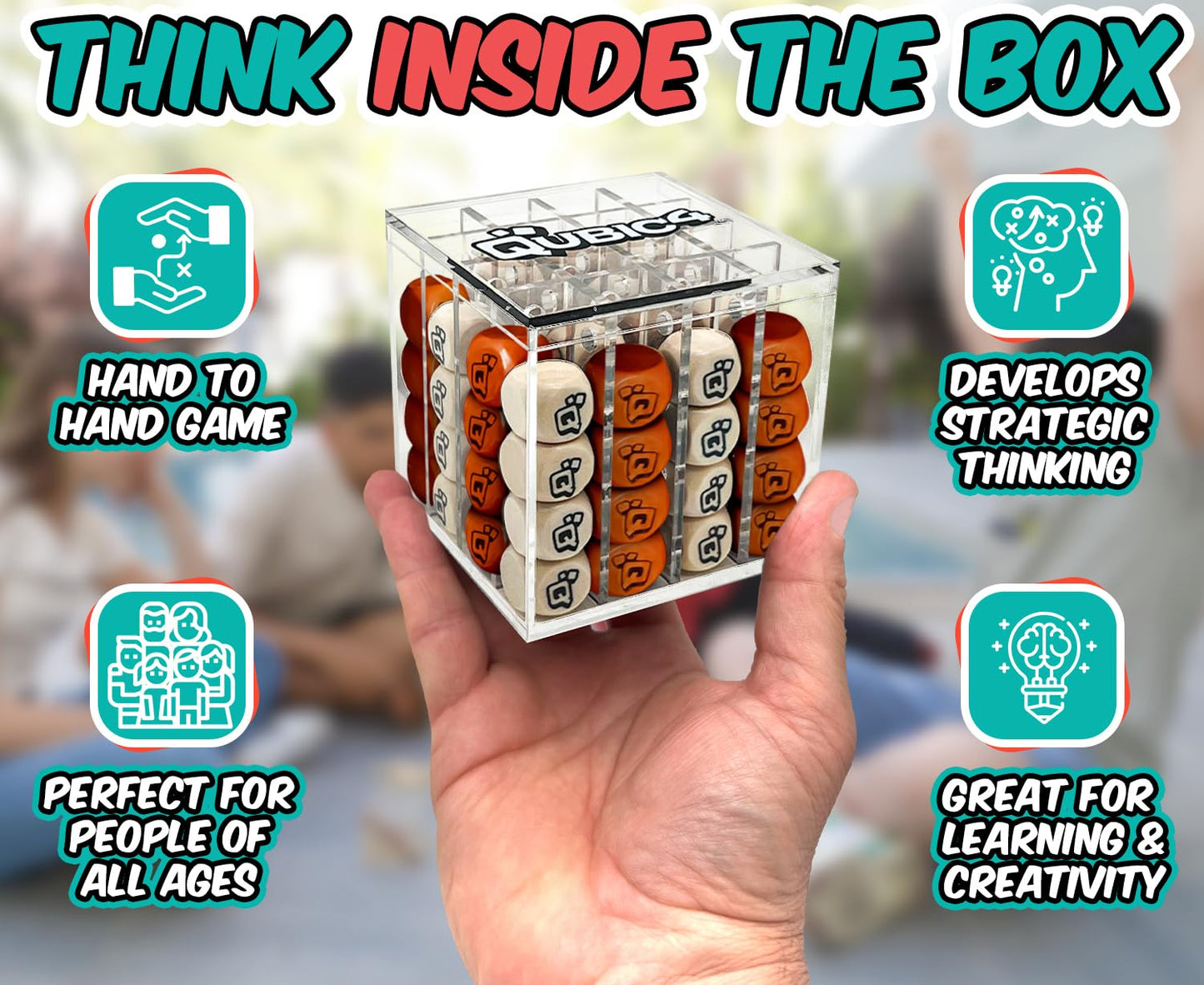 Qubic4 4 in A Row Game - 3D Strategy Board Game, Wooden Cubes, Brown, White, Transparent Acrylic Cube, Perfect for All Ages