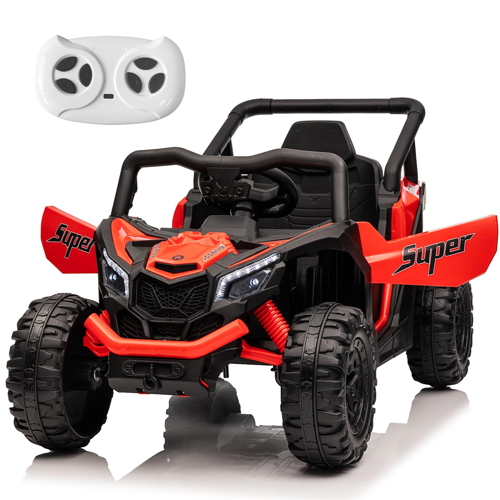 Run Fast 12v Ride on Car with Parent Remote Control Electric Ride on Toys Car for Kids 3-6 2WD 25W Motors 4 Spring Suspension Safety Belt Horn Music and LED Lights-RED