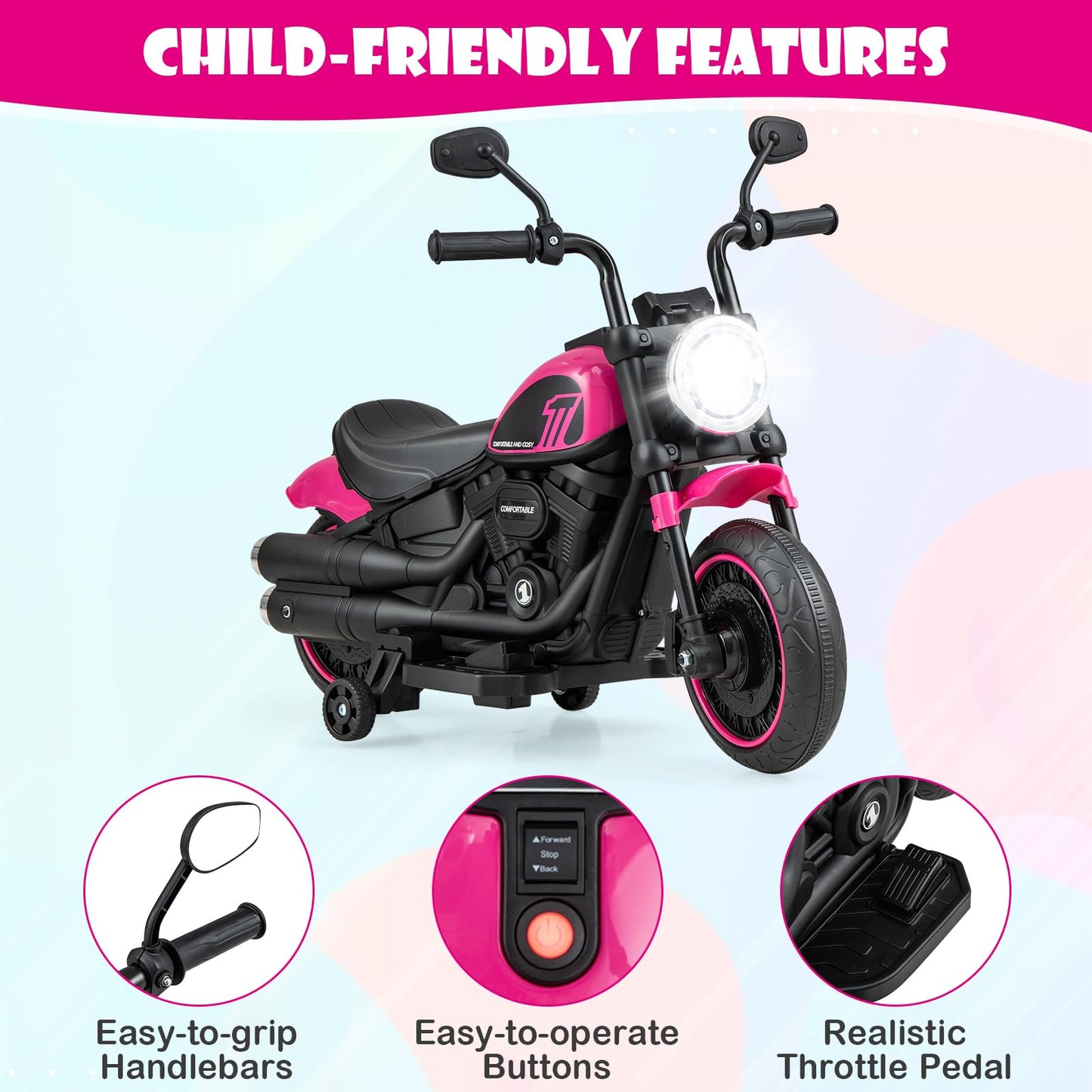 Costzon Toddler Motorcycle, 6V Battery Powered Electric Motorcycle With Detachable Training Wheels, Soft Start, Headlights & Music, Kids Motorcycle Ride On Toy For Toddlers Boys 18+ Months (Pink)