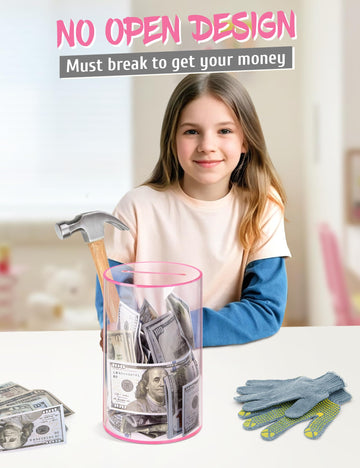 Clear Acrylic Piggy Bank For Adults Kids, Clear Money Saving Jar Must Break To Open, Unopenable Piggy Bank For Cash Coins (Pink,