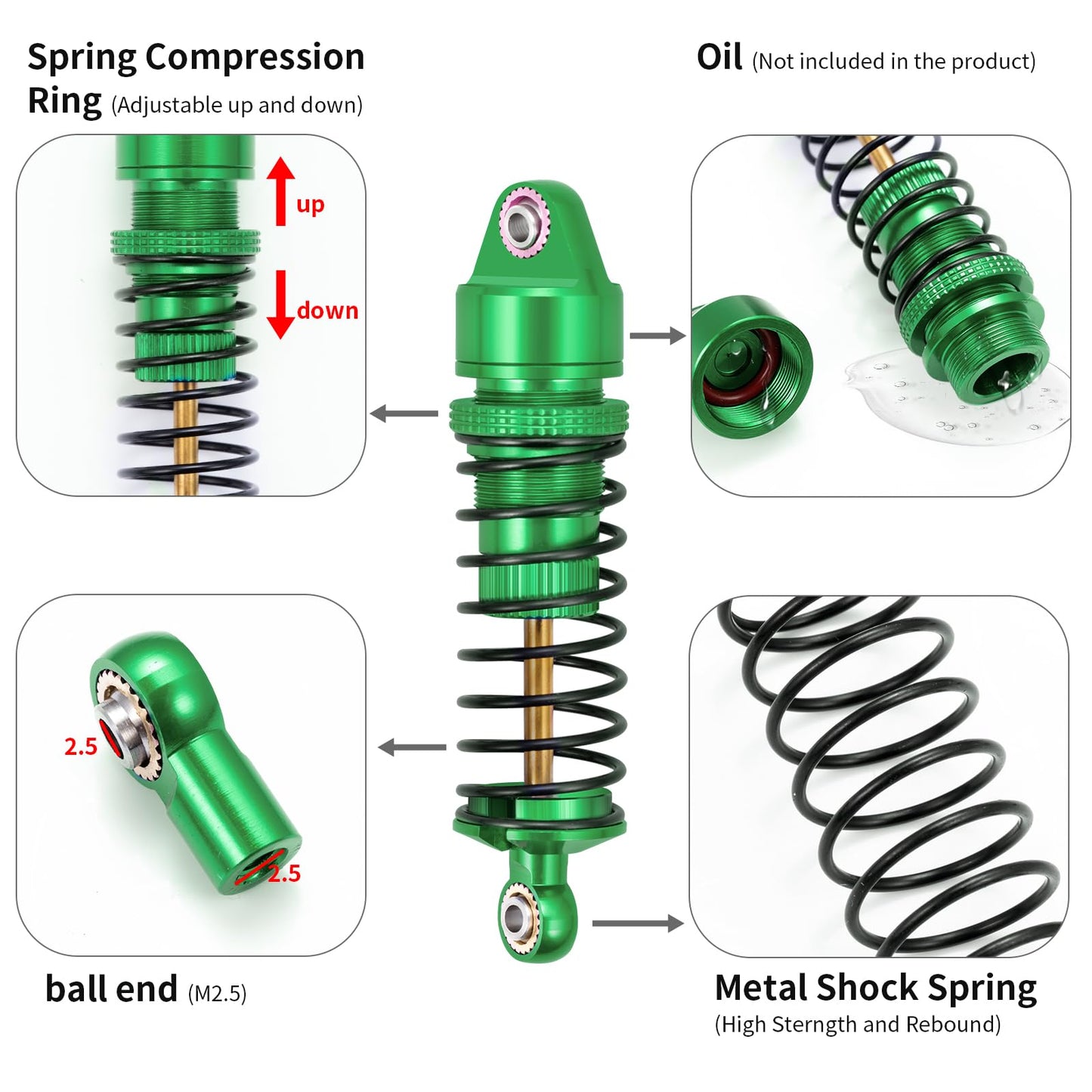 BRKRC Aluminum Front Rear Shocks Absorber RC Damper for Arrma 1/18 Granite Typhon Mojave Grom RC Crawler Upgrade (Green)