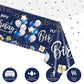 Kesfey Happy Birthday Tablecloths 3 Packs Navy Blue and Silver Birthday Tablecover 54 x 108 Inch Print Firework,Balloon Waterpro