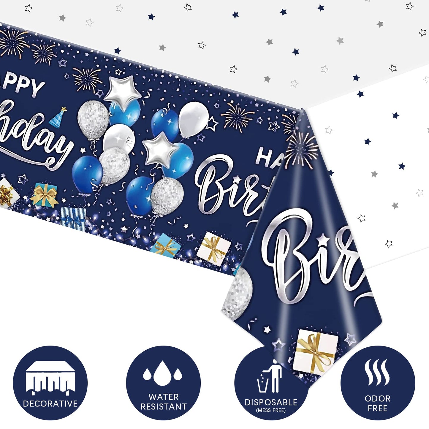Kesfey Happy Birthday Tablecloths 3 Packs Navy Blue and Silver Birthday Tablecover 54 x 108 Inch Print Firework,Balloon Waterpro