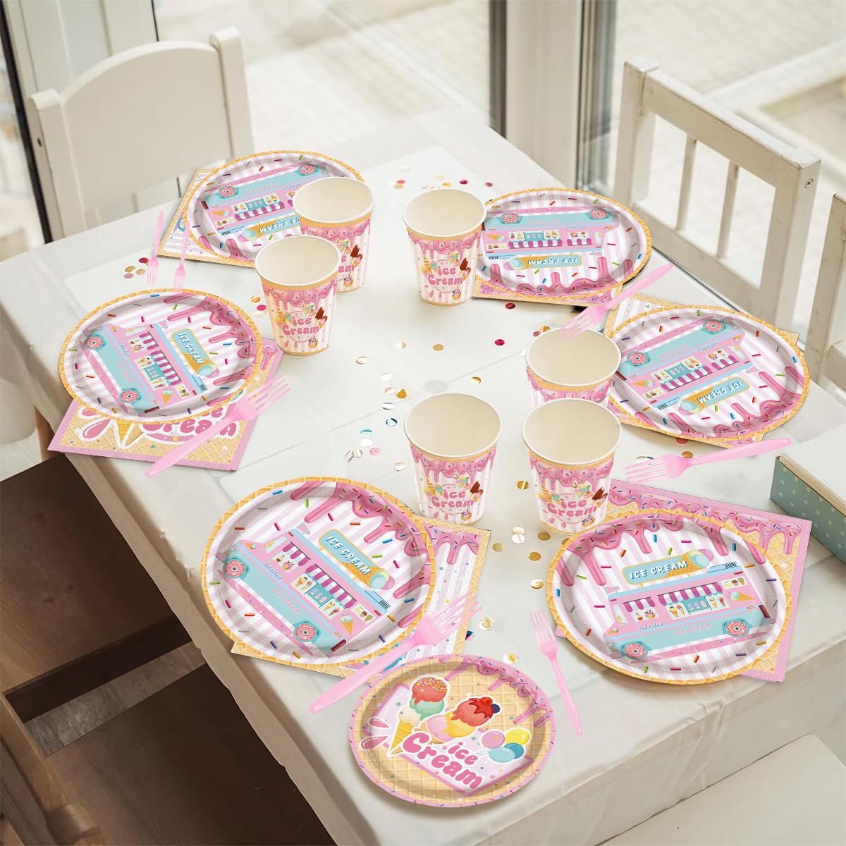 Ice Cream Party Supplies Summer Birthday Disposable Tableware Set Pink Plates Napkins Cups Birthday Party Dinnerware For 24 Gues