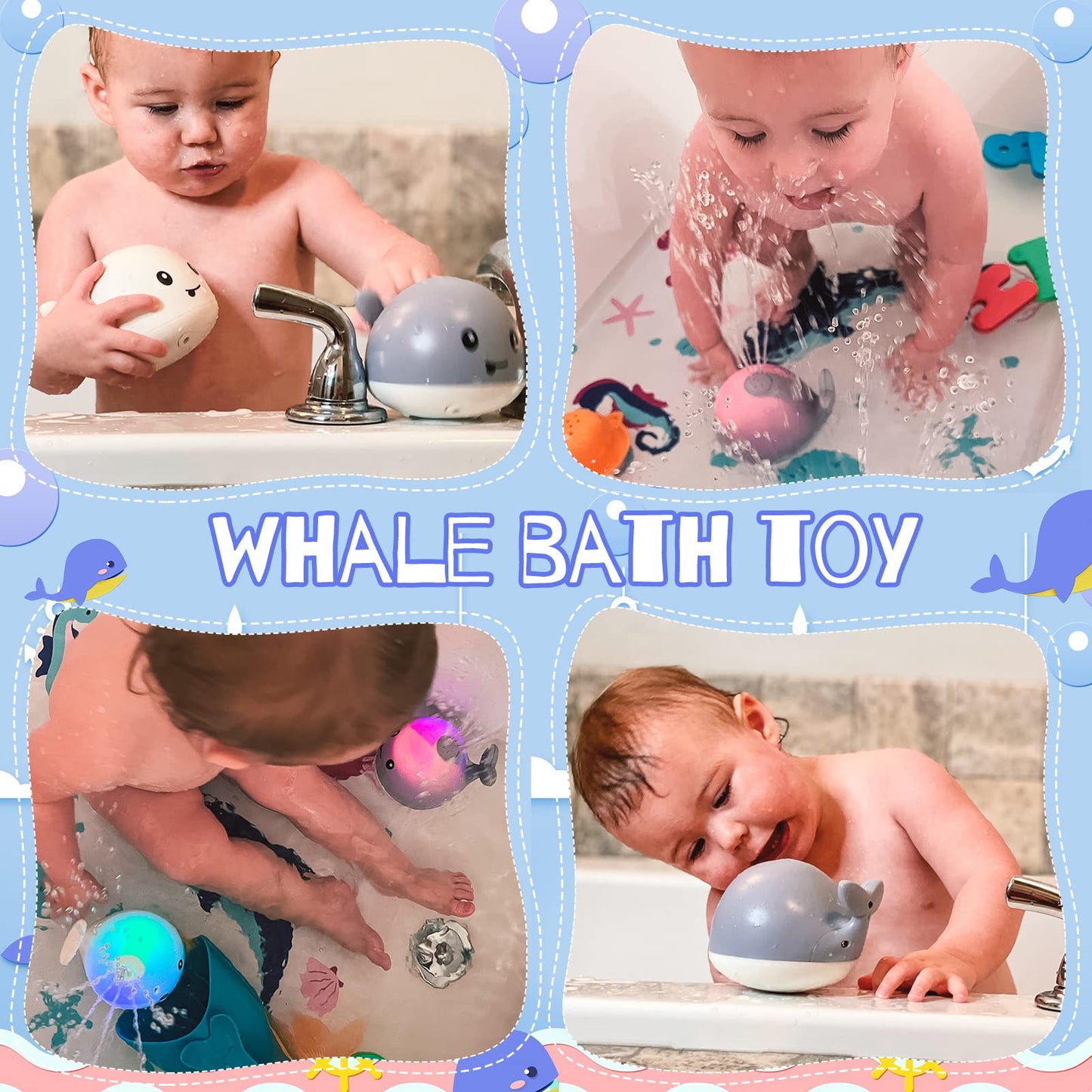 Gigilli Baby Whale Bath Toy, Usb Rechargeable Bath Fountain Toy 6-12 12-18 Months, Light Up Bath Toys Sprinkler, Spray Water Poo