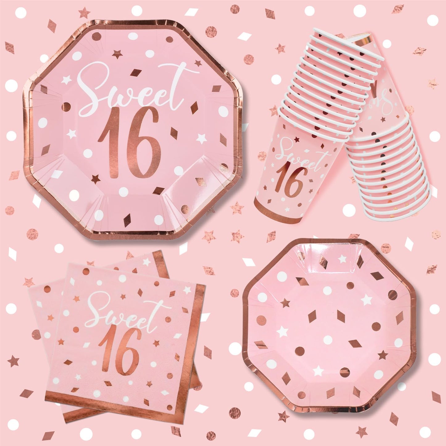 Rose Gold & Pink Sweet 16 Birthday Bundle: Party Supplies Set With Paper Plates, Napkins, Cups, Tablecloth & Banner - Sweet Sixt