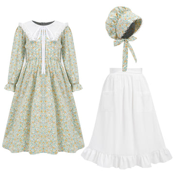 Fortmac Prairie Dress Girls Pioneer Colonial Costume Floral 1800S Pilgrim Costume With Apron And Bonnet Green 11-12Y