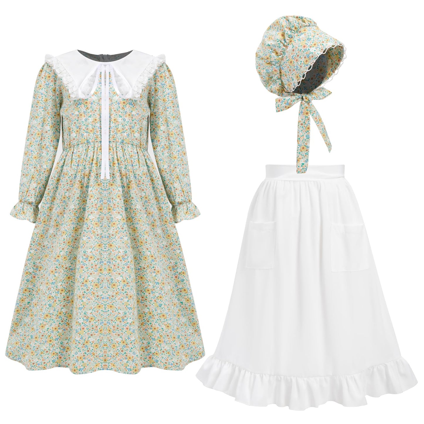 Fortmac Prairie Dress Girls Pioneer Colonial Costume Floral 1800S Pilgrim Costume With Apron And Bonnet Green 9-10Y
