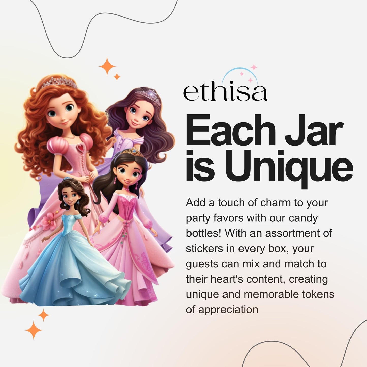 Ethisa 12 Pack Princess Party Favors - Diy Candy Jars With Ribbons And Stickers - Party Decoration Bottles For Birthday, School