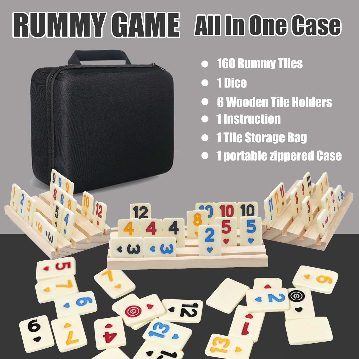 Rummy Cube Game With Case 6 Players, Large Number Rummy Cube For 6 Player With 6 Wooden Racks/Trays, 160 Tiles Travel Size Rummy
