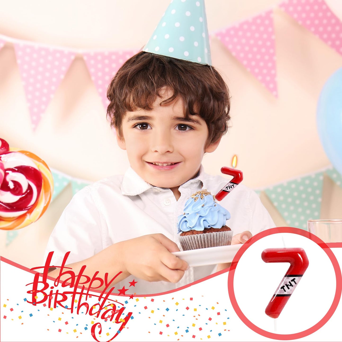 TNT Themed Birthday Candles for Boys Girls, Craft Pixels Cake Topper, Kids Themed Birthday Party Supplies (Number 7-Red)