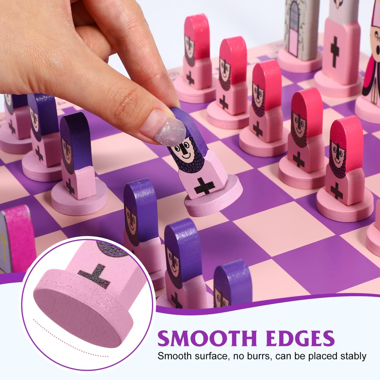 TOYANDONA Wooden Chess Set  11.8 inch Cartoon Travel Chess Set Pink Chess Board Game Set with Cute Chess Pieces for Kids and mature-themeds