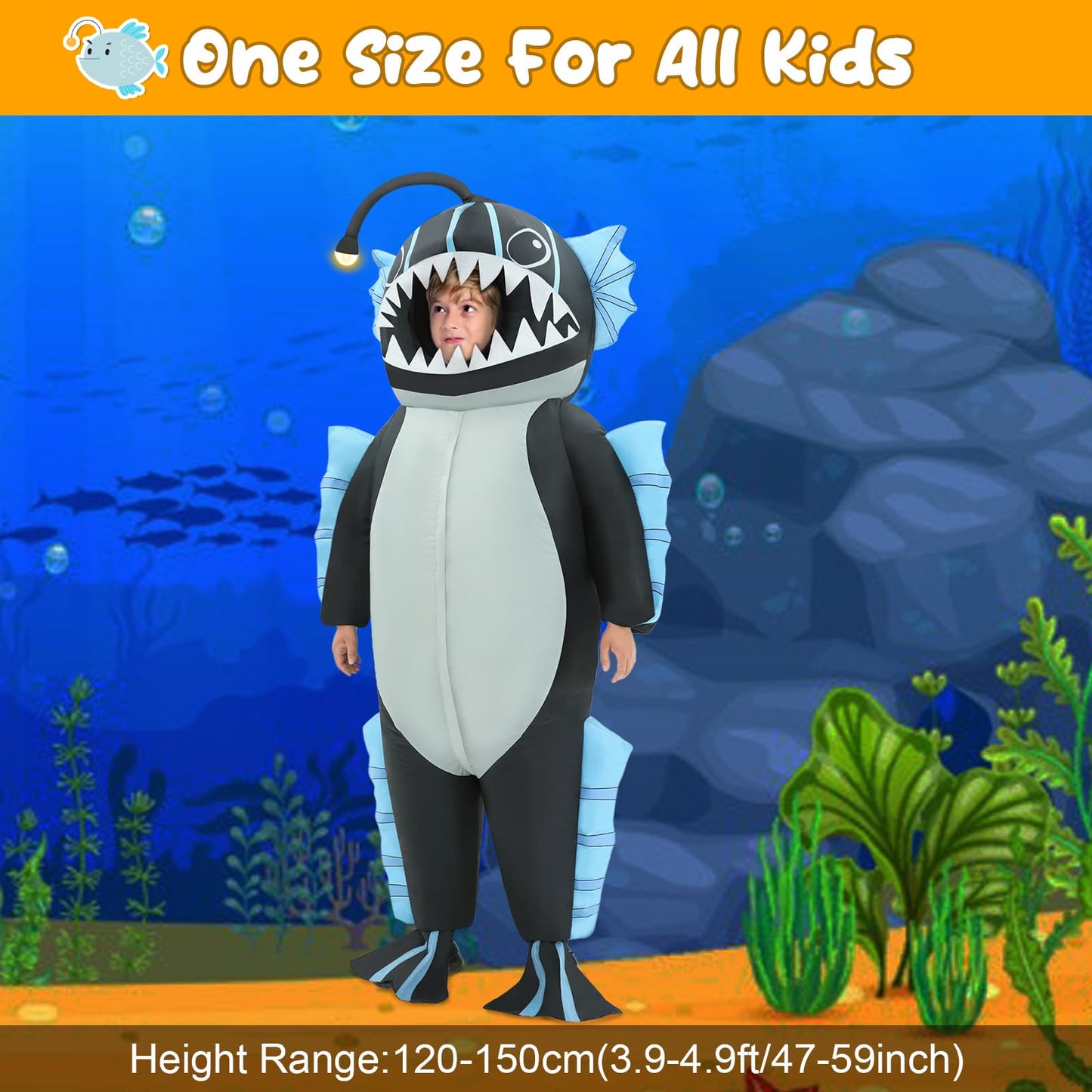 WQWOVRVO Inflatable Anglerfish Costume for Kids, Large, Multicolor, Polyester, Funny Halloween Blow Up Outfit