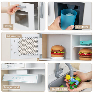 HONEY JOY Kids Kitchen Playset, Wooden Play Kitchen for Toddlers, Microwave, Range Hood, Ice Maker, 18 Cooking Accessories, Litt