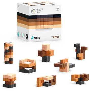 Pixio Coffee - Tiny Magnetic Blocks Building Toy In The Pixel Art Style With Free App - 5/16' Plastic Cubes With 6 Magnets Inside - Open Ended Toy - Creativity Toy For Ages 6+ - 60Pcs