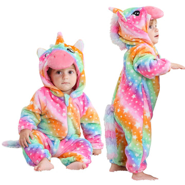 Lolanta Baby Girls Halloween Costumes, Infant Flannel Romper, Toddlers Fleece Hooded Jumpsuit, Cute Colorful Bodysuit (Rainbow, 24-30 Months)