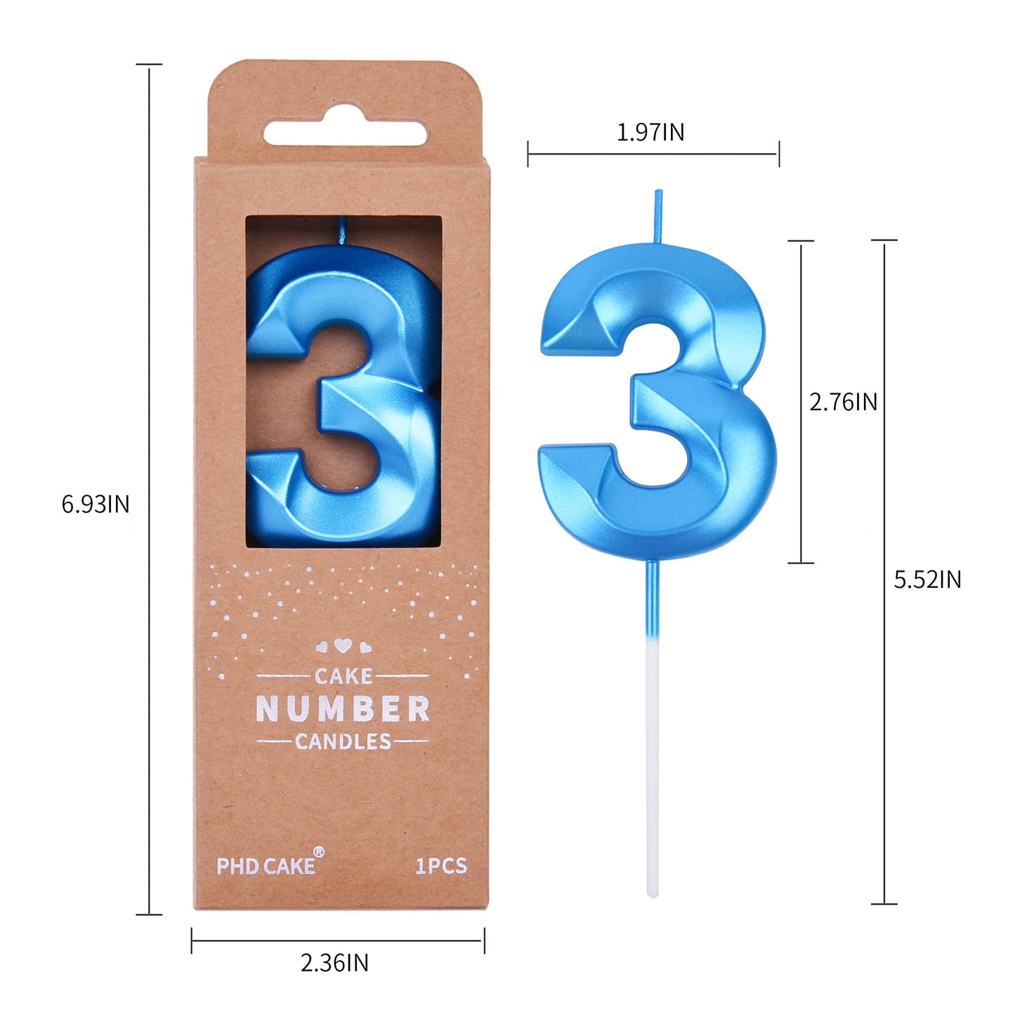 PHD CAKE 2.76 Inch Diamond Blue 3 Number Birthday Candles, Blue Number Candles, Cake Number Candles, Party Celebration