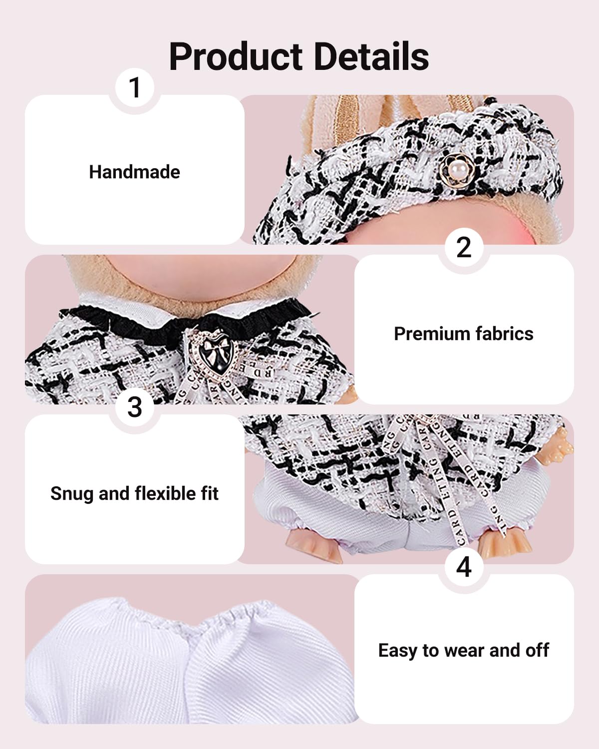 4pcs Handmade 15cm/17cm Doll Clothes Outfit for Labubu Accessories (No Doll)  enhanced Clothes Set with Hat  Shwal  Pants & Bag  Cute Fashion Clothes for Girls Boys Collectors (Black/White) AK054GY