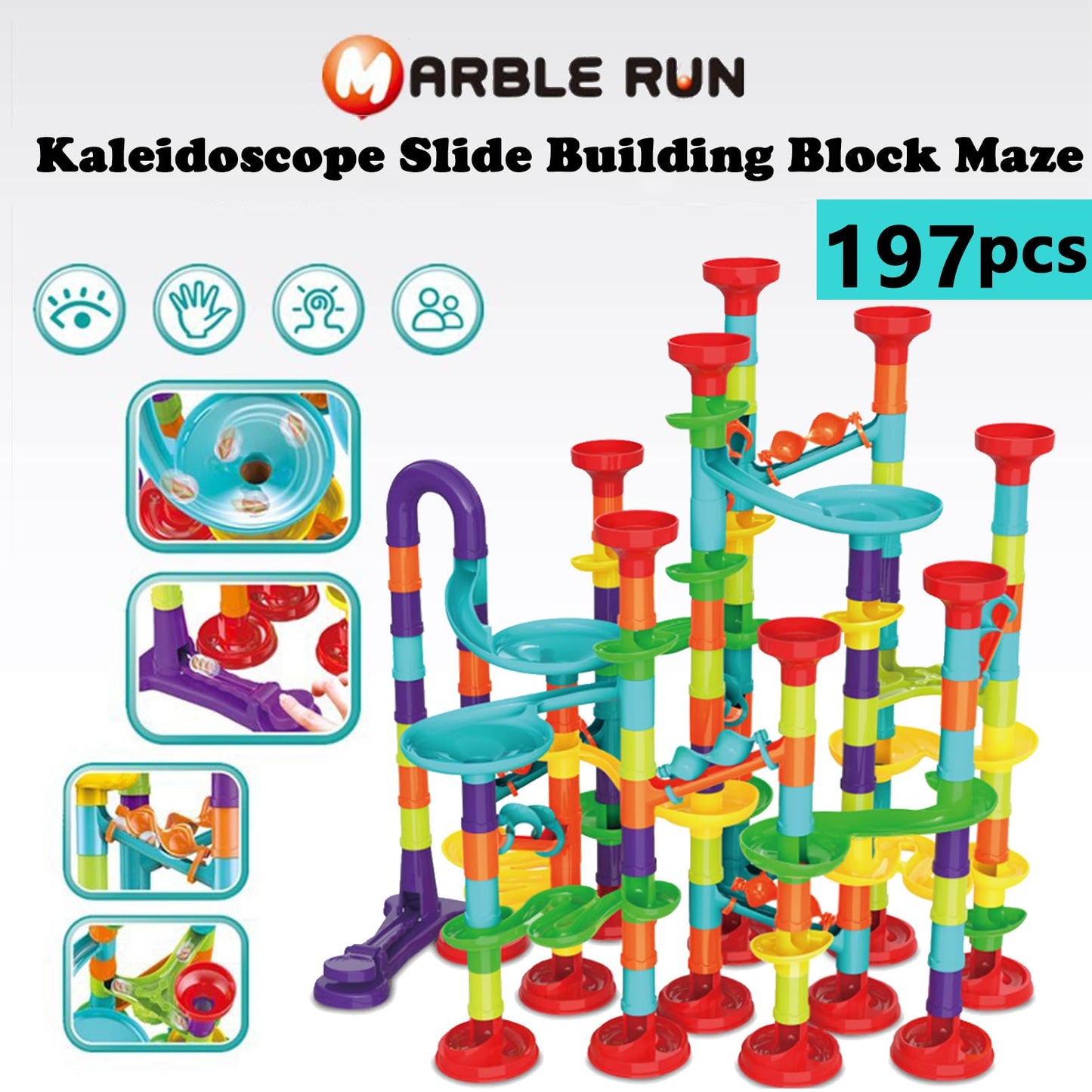 ailixinda Marble Run Set - 197 PCS STEM Building Blocks Toy with 50 Glass Marbles, Multicolor, 2"x3"x0.5" for Kids