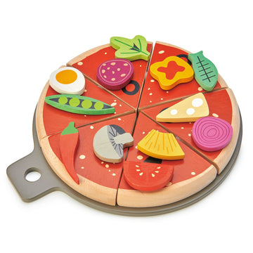 Tender Leaf Toys - Pizza Party - 6 Slices of Realistic Pizza Toy Set with 12 Different Toppings, Kraft Card Take-Out Box Include