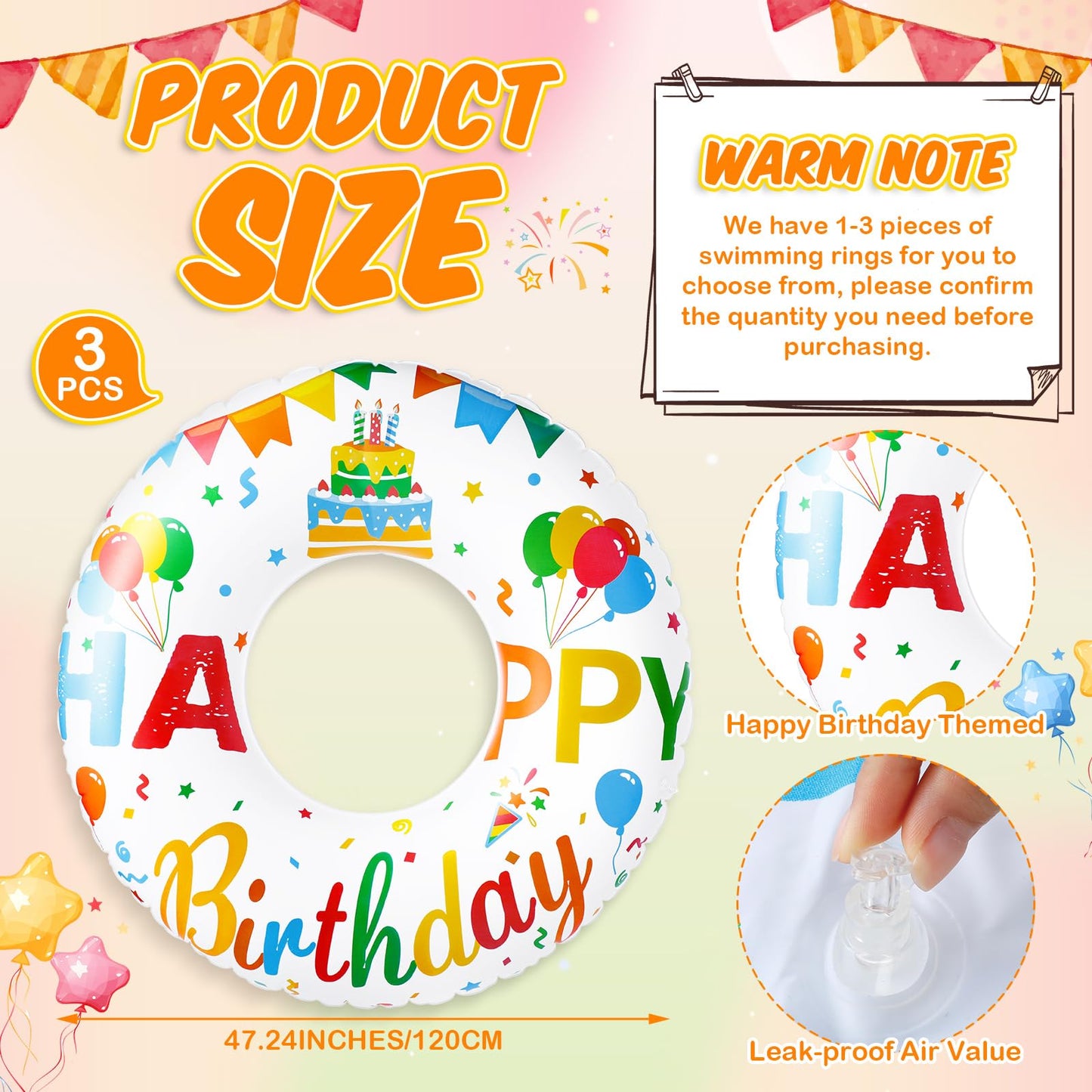 Leyndo 3 Pcs Happy Birthday Inflatable Pool Float Tube 47.24 Inch Jumbo Pool Float Birthday Party Swimming Tube Happy Birthday S