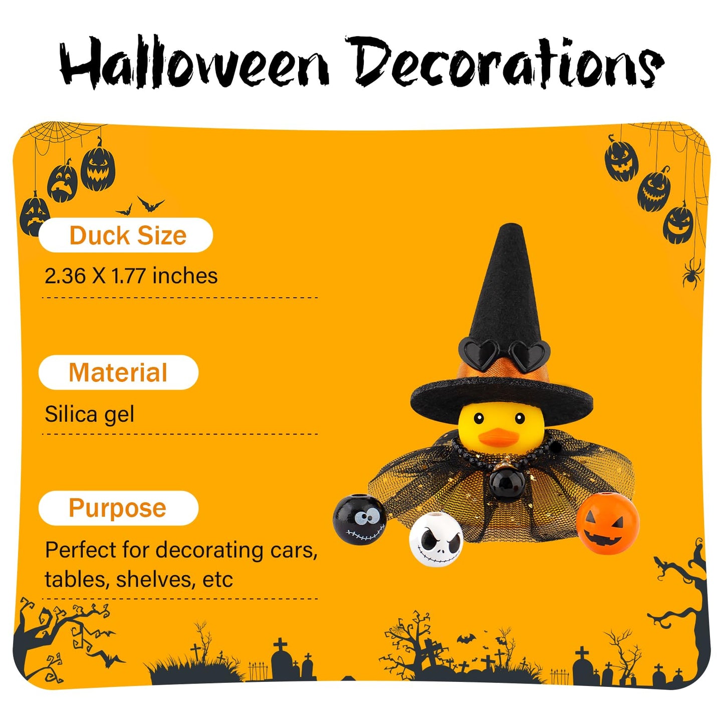 Wonuu Halloween Rubber Duck Witch Duck Car Decorations Halloween Accessories Witch Hat Pumpkin Skull And Cloak, Orange&Long Black Skirt