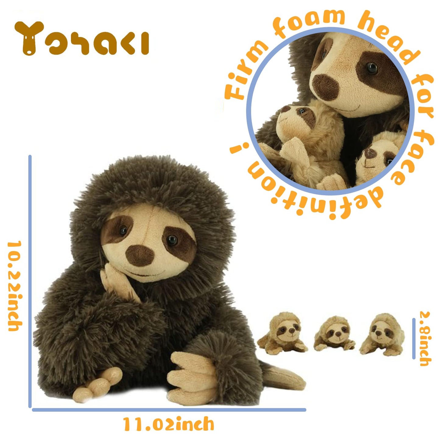 Yohaki Sloth Plush Animal, 11.02'' Cute Stuffed Sloth With 3 Baby Sloths, Easter Stuffed Sloth Animal, Washable Plush Toys, Cute