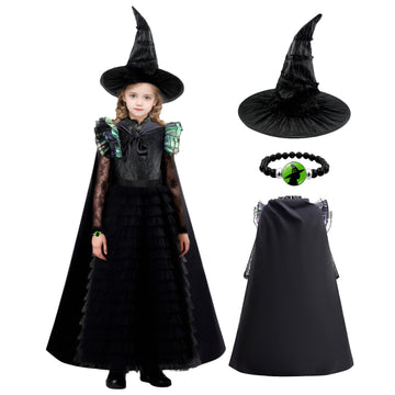 Rynotrix Witch Dress For Girls Black Ruffled Tiered Prom Dresses With Cape Hat Bracelet 130