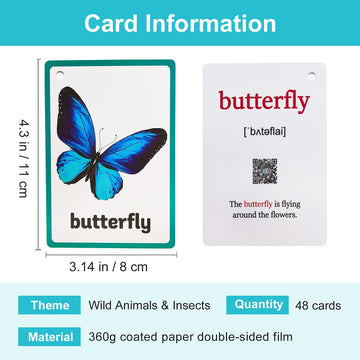 Lilias Wild Animals & Insects Flash Cards, Toddler Learning Toys, Preschool Learning Toys, Homeschool Supplies, Learning Supplies For Kindergarten, 4.3 X 3.14 Inch, 48 Cards In Set